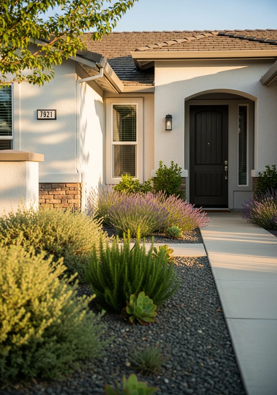 Close-up of a well-maintained residential property in a Fresno County neighborhood with mature landscaping and clear signage.
