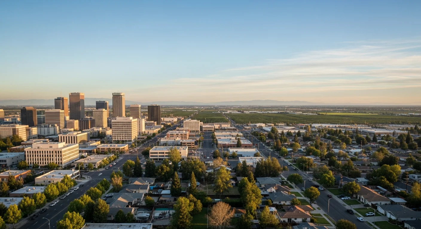 Wide view of Fresno County landscape showing downtown Fresno skyline with surrounding residential neighborhoods and agricultural fields under clear blue sky.