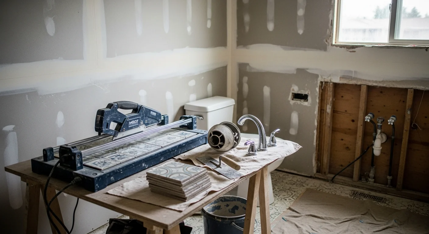 A remodeled bathroom in a Fresno County home featuring updated tile work, a new vanity, and a walk-in shower with modern fixtures. The finished space reflects a clean, functional layout suited to Central Valley residential housing.