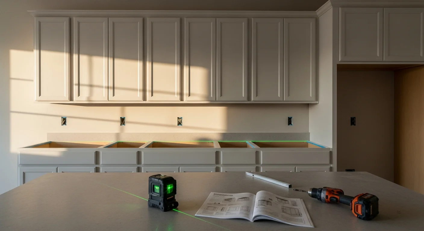 Newly installed upper and lower kitchen cabinets with aligned doors and hardware in a Fresno County home. The cabinets are level and flush against the wall, showing a clean finished installation.