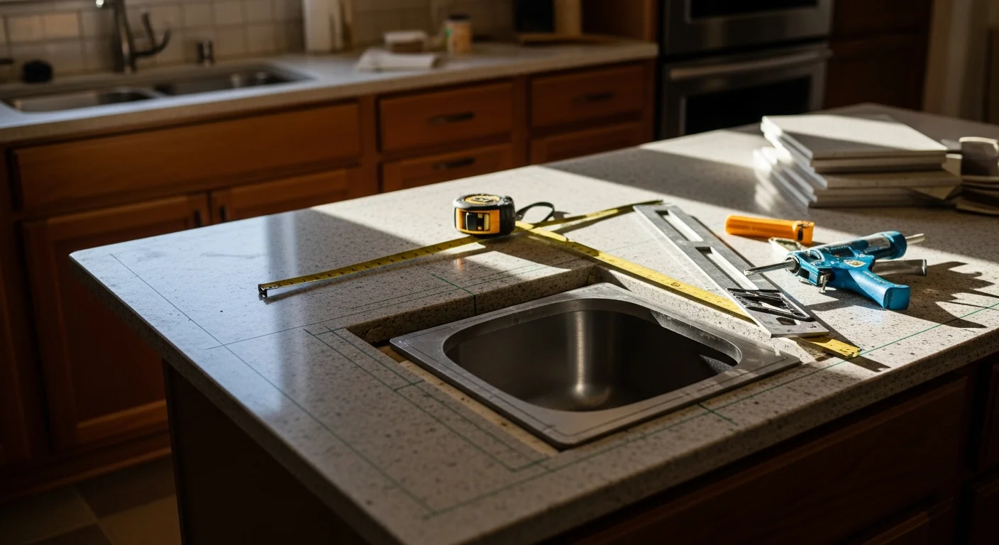 Newly installed stone countertop in a Fresno County kitchen, showing a clean edge profile, flush sink cutout, and level surface across full cabinet run. Close view of the finished countertop surface next to painted cabinetry in a residential remodel setting.