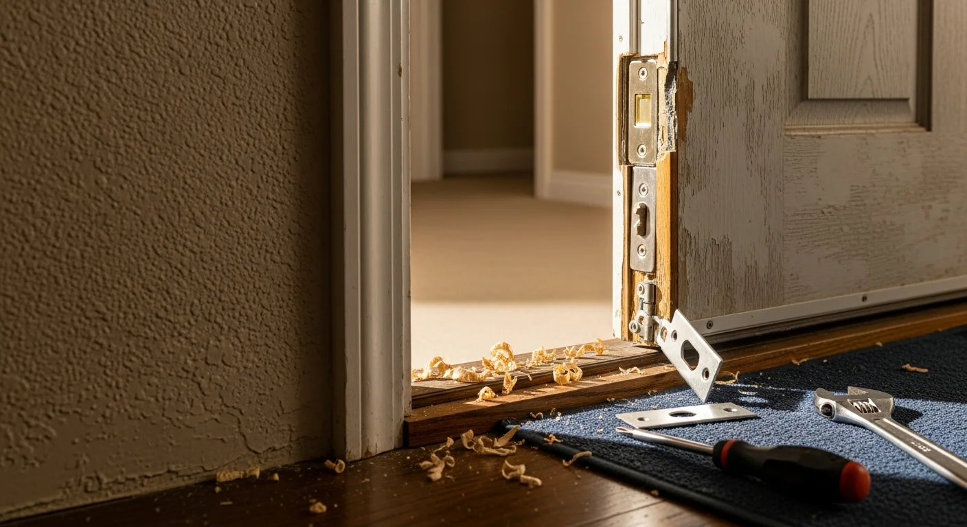 A repaired residential entry door with a properly aligned frame and new weatherstripping on a single-family home in Fresno County. The door closes flush against the frame with the latch and strike plate correctly aligned.