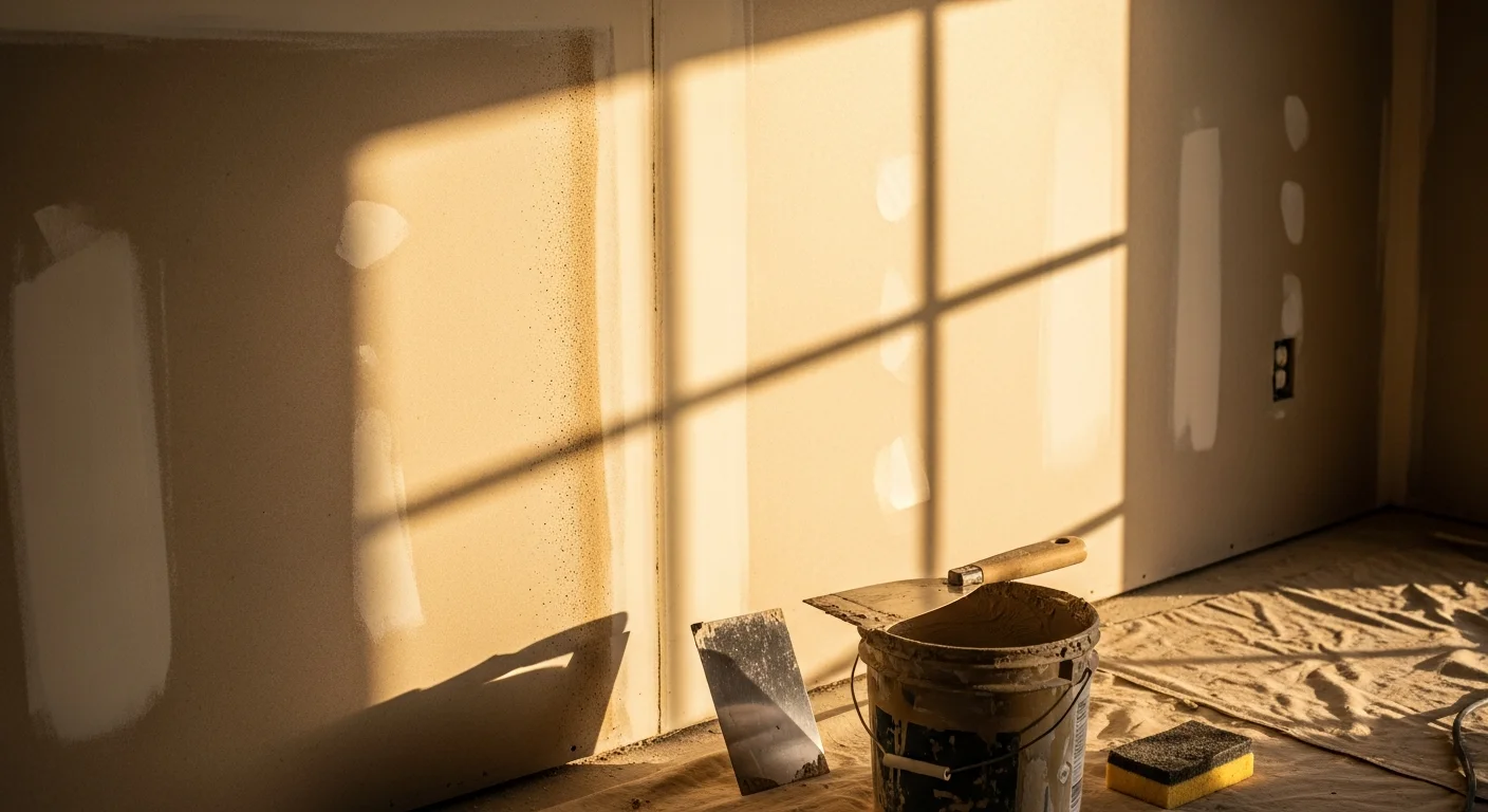 A freshly finished drywall wall inside a Fresno County home showing smooth, sanded surfaces with no visible seams, ready for paint. A corner detail shows clean tape lines and consistent texture across the wall and ceiling joint.