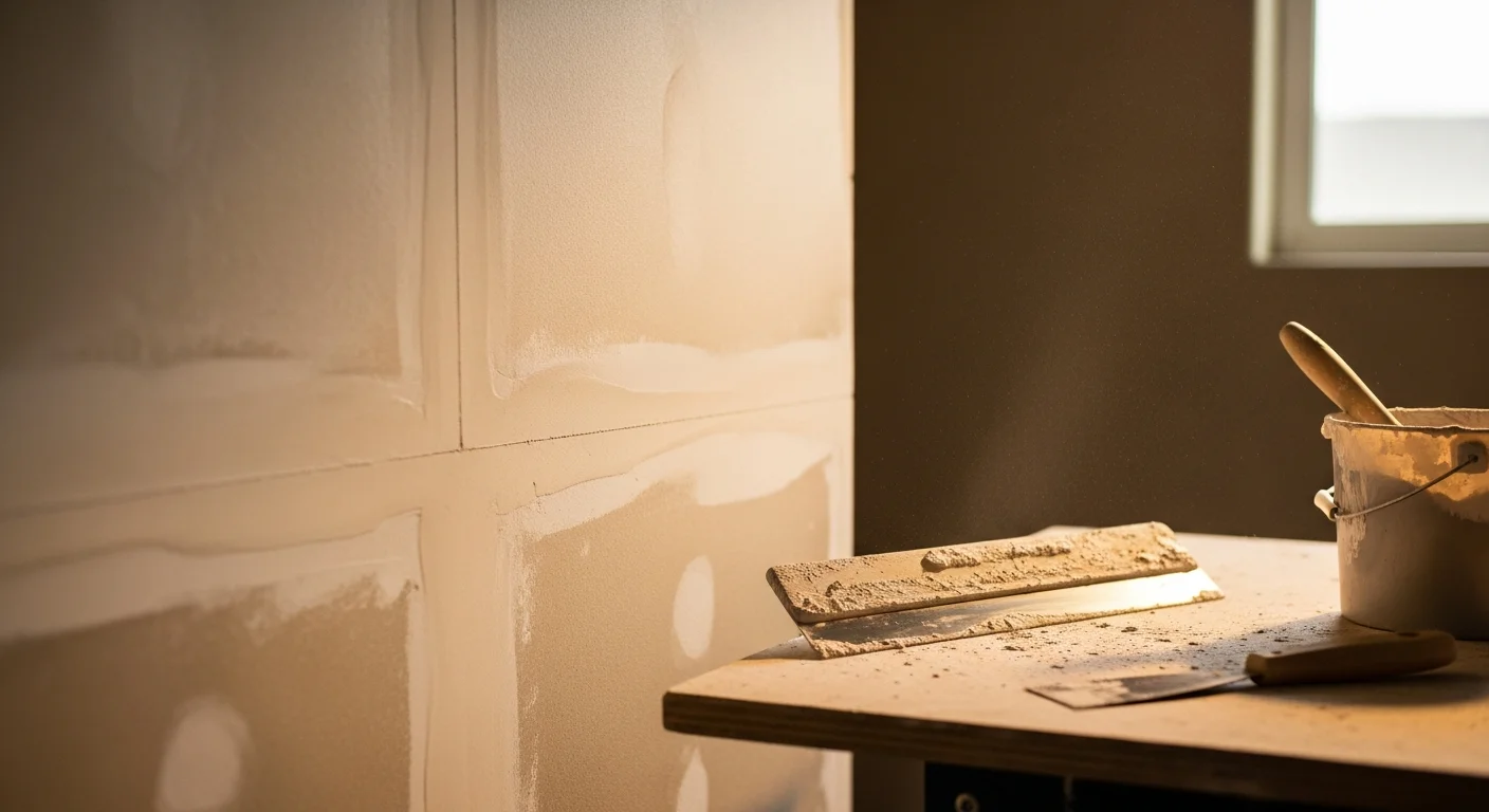 A freshly patched and textured interior wall in a Fresno County home, with the repaired area sanded smooth and primed, ready for paint. The repair blends with the surrounding orange-peel wall texture common in Central Valley residential properties.