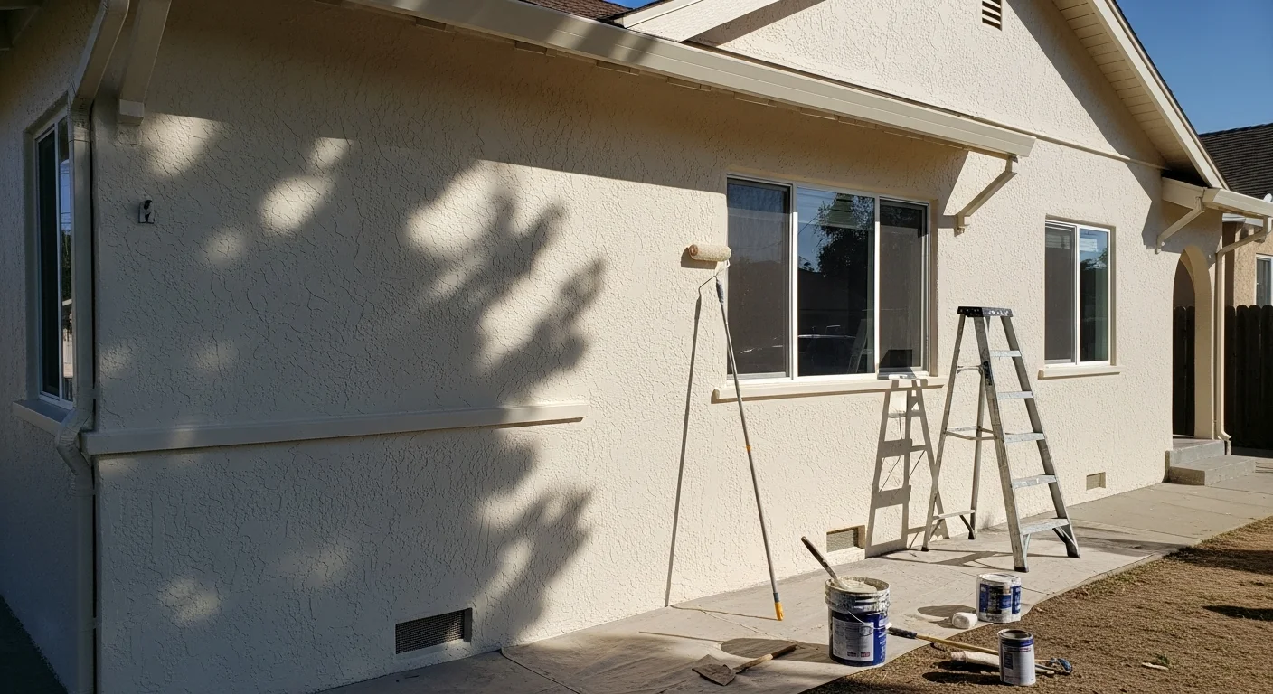 A freshly painted single-family home exterior in Fresno County, California, showing clean siding, crisp trim, and a uniform finish coat on stucco walls under bright Central Valley sunlight. Cordova Co Inc exterior painting work on a residential property in Fresno County.