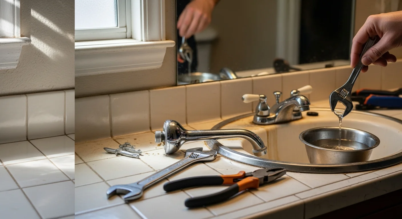 A handyman repairing a leaking faucet under a kitchen sink in a single-family home in Fresno County. The work area is clear and tools are laid out on a cloth beside the cabinet.