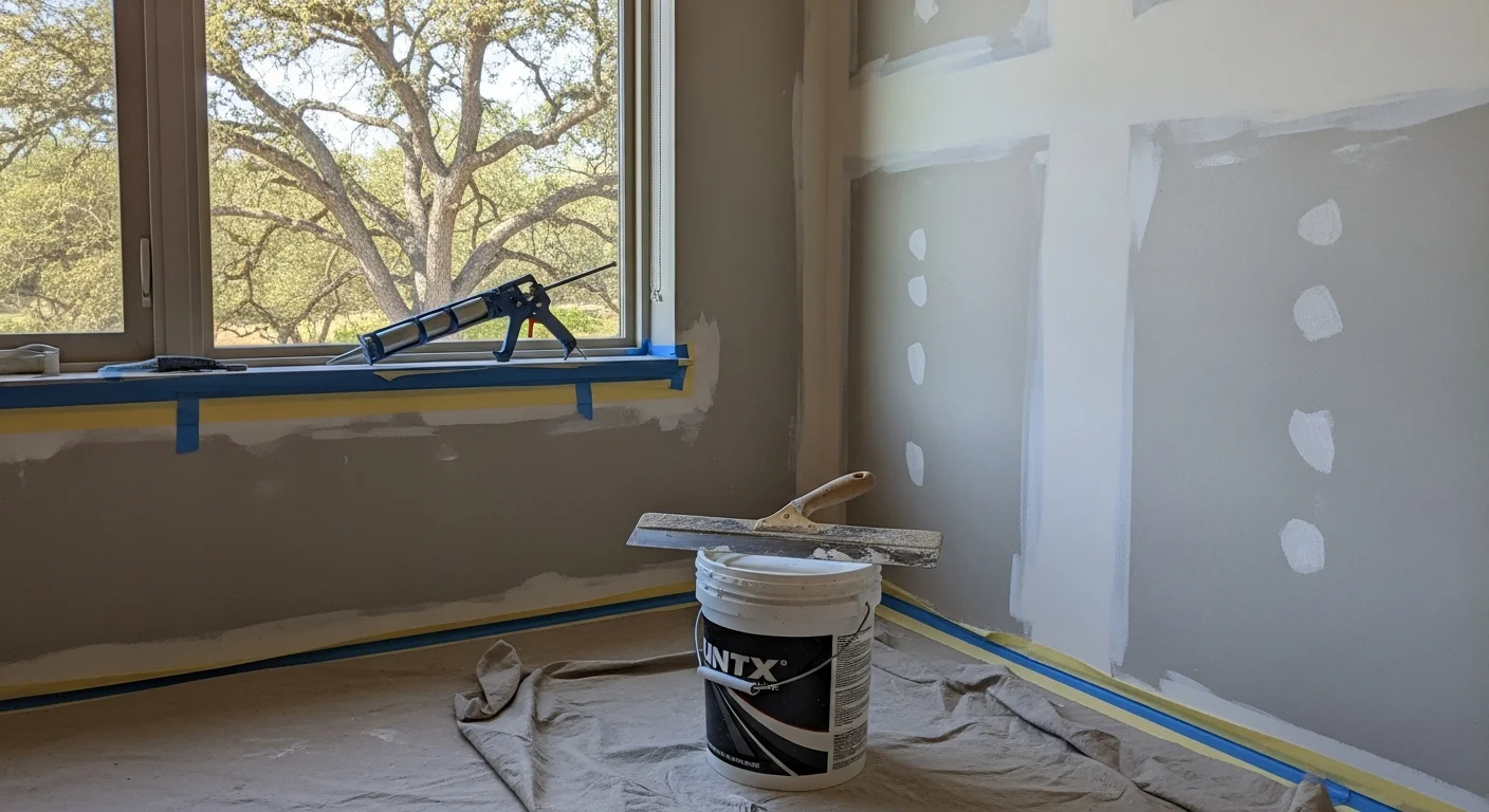 A handyman repairing a wooden door frame inside a single-family home in Fresno County, California. Tools and patching materials are visible on the work surface nearby.