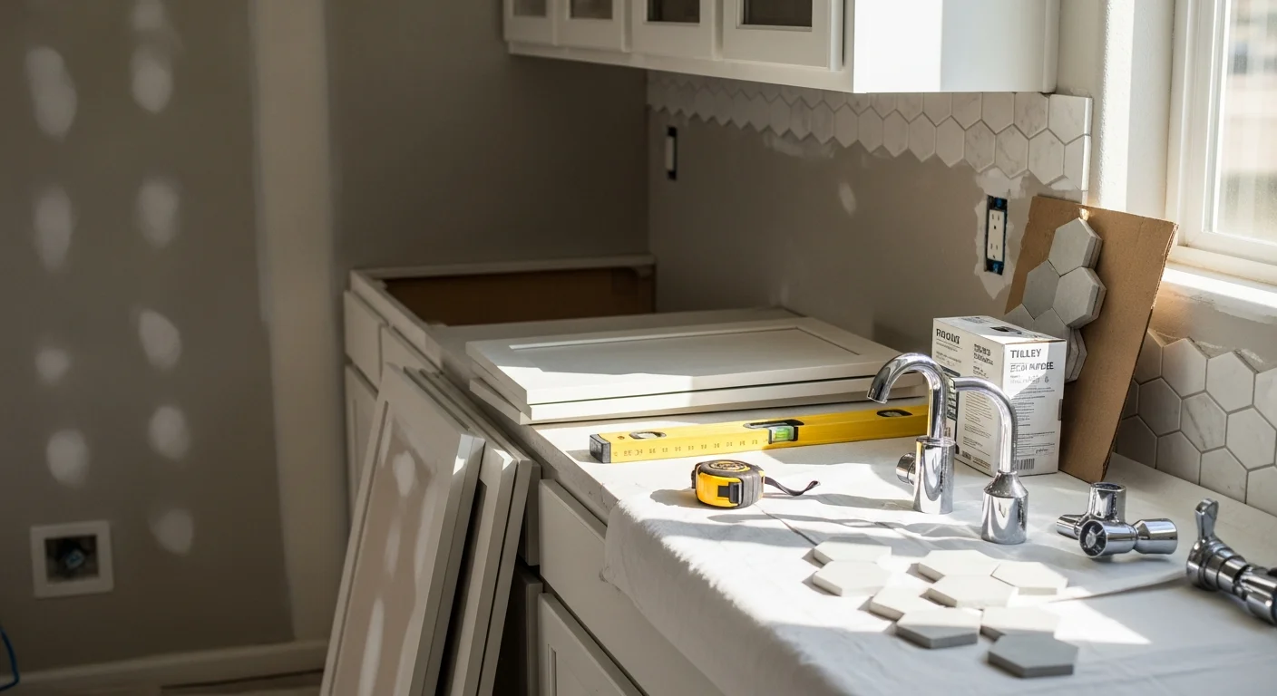 Remodeled kitchen interior in a Fresno County single-family home showing updated cabinetry, countertops, and open layout. Work completed by Cordova Co Inc as part of a full home remodeling project.