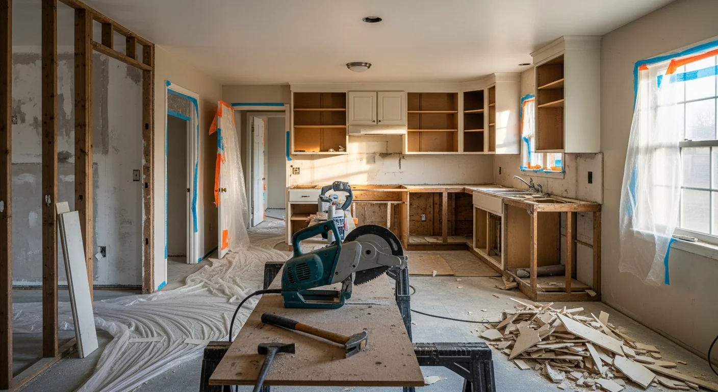 Interior of a Fresno County home mid-demolition showing removed kitchen cabinets and cleared walls ready for remodeling. Exposed framing and a clean, debris-free floor show the space prepped for new construction by Cordova Co Inc.