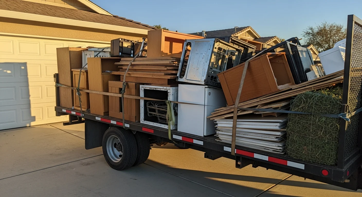 A cleared residential garage in Fresno County after junk hauling service, with empty floor space where old furniture and appliances previously sat. A Cordova Co Inc truck is visible in the driveway loaded with removed items.