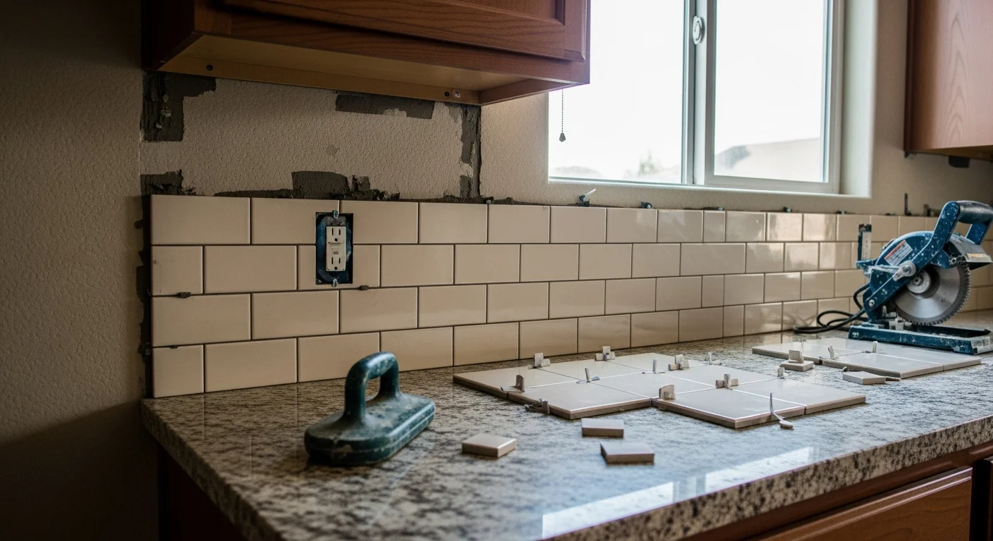 Freshly installed tile floor and shower wall in a remodeled bathroom in Fresno County, showing consistent grout lines and a clean, level finish. A tiled kitchen backsplash is visible in the background behind a countertop work area.