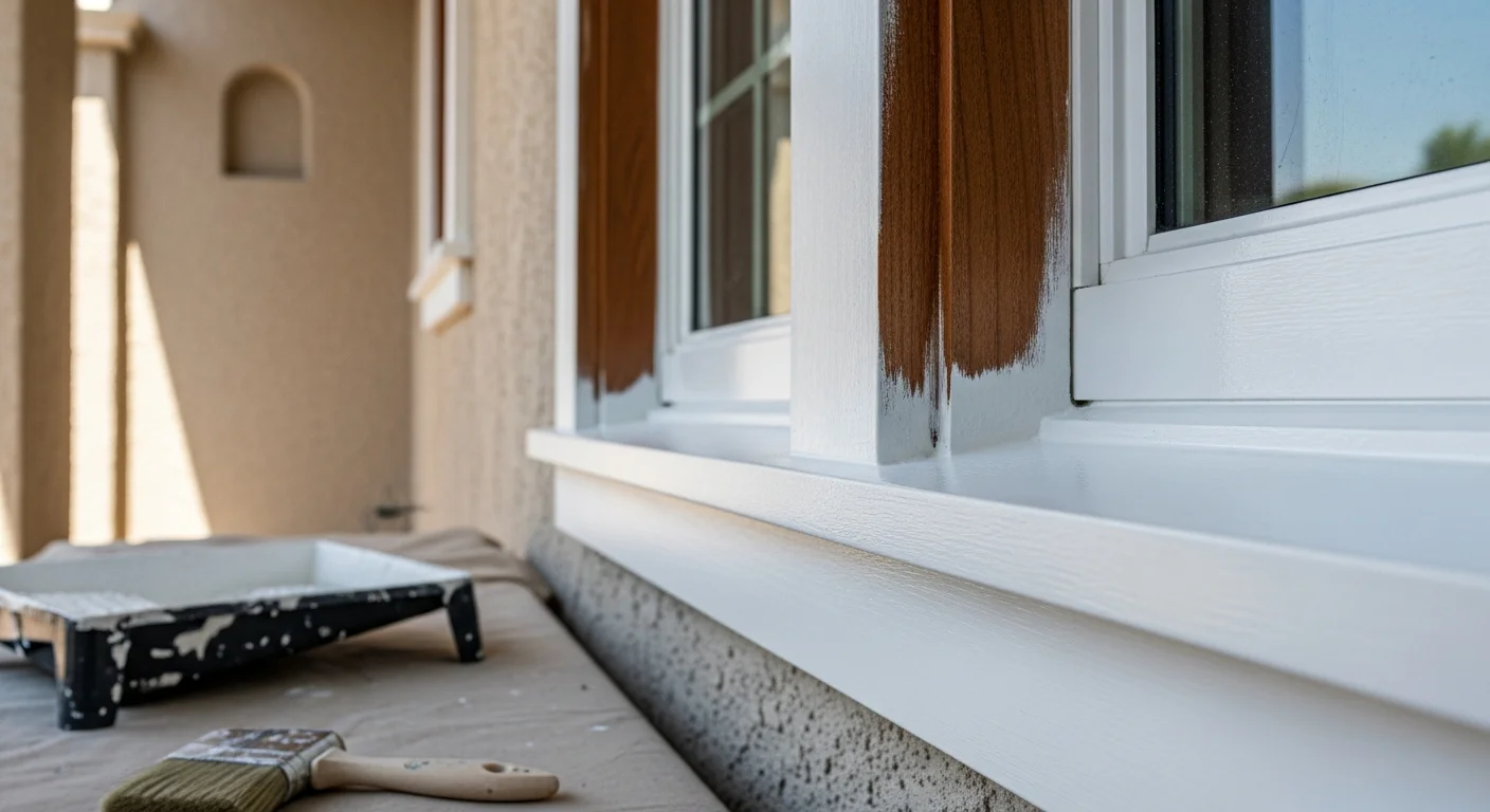 Freshly painted white semi-gloss trim on window frames and door casings of a single-story home in Fresno County, California. Clean paint lines contrast against a stucco exterior wall under bright Central Valley sunlight.